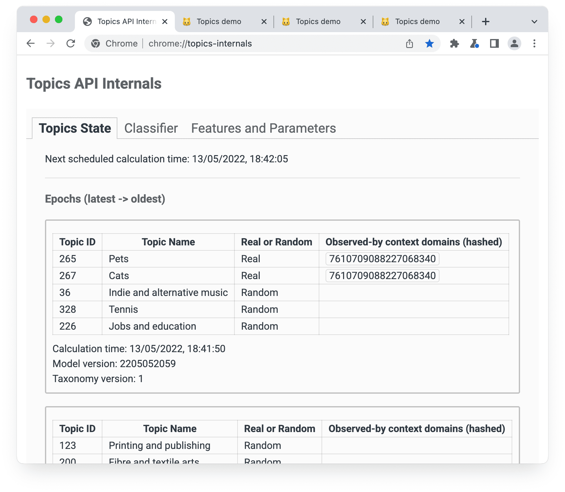 টপিক স্টেট প্যানেল সহ chrome://topics-internals পৃষ্ঠা নির্বাচন করা হয়েছে।