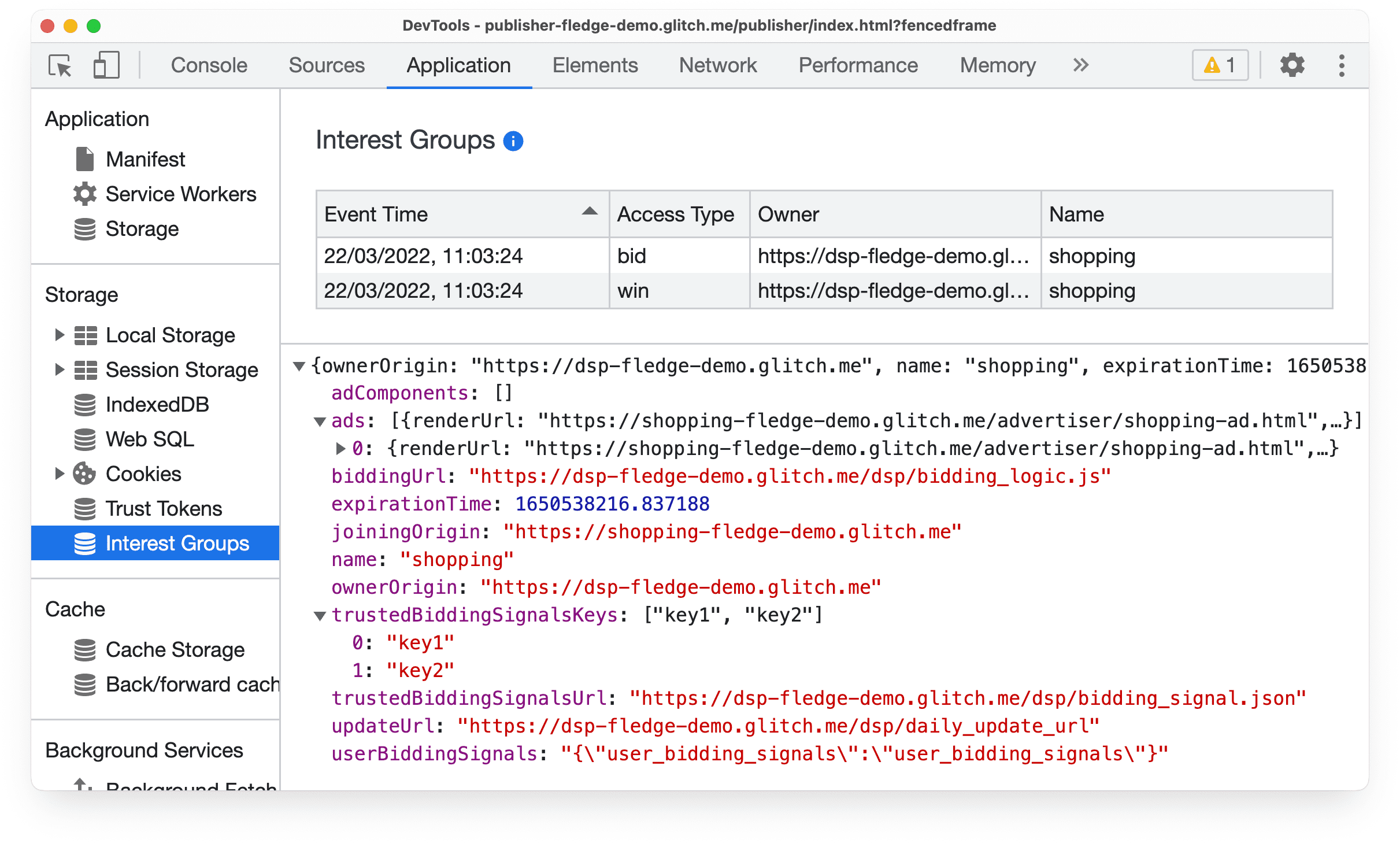 Chrome Canary の DevTools の [Application] パネル。Protected Audience API のオークション入札と落札イベントに関する情報が表示されています。