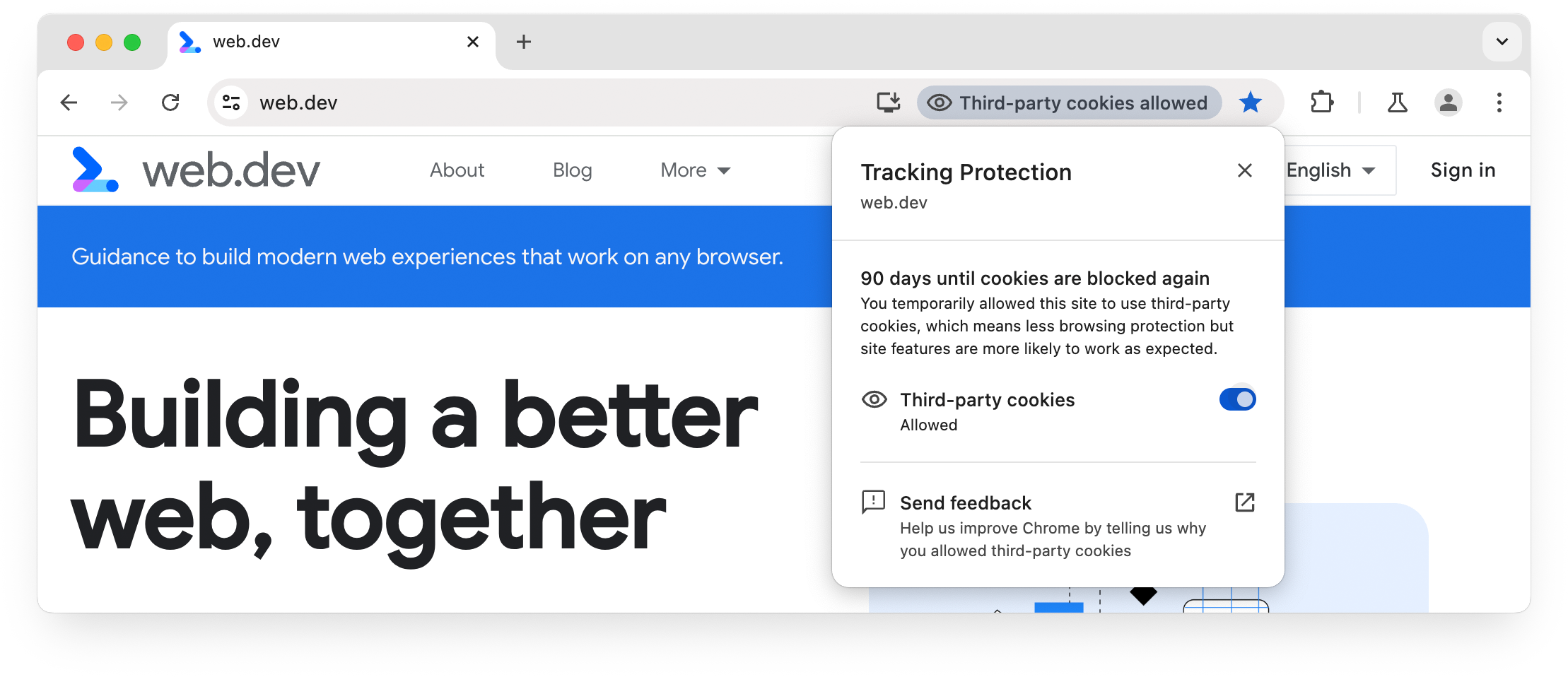 UI de la protection contre le suivi Chrome: cookies tiers autorisés pour le site actuel