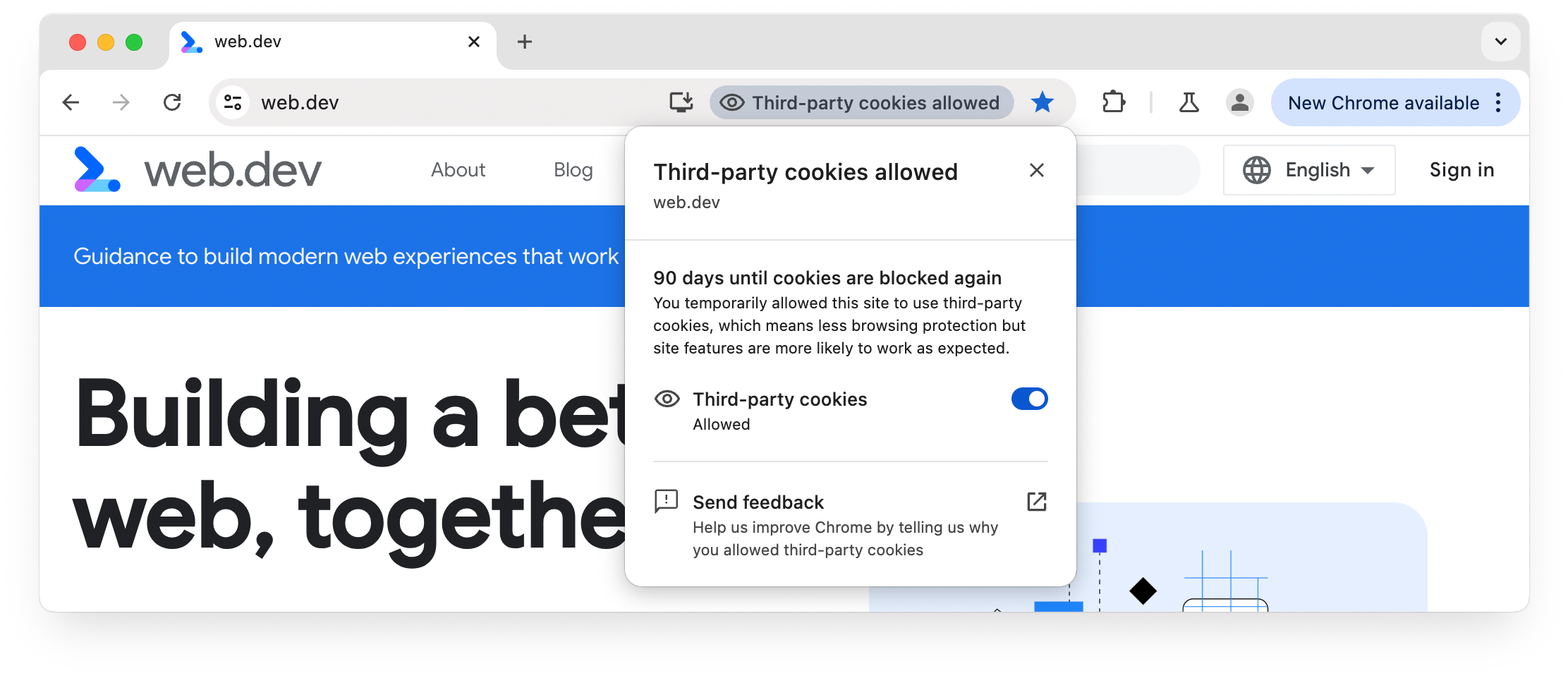 Address bar show for the site web.dev, third-party cookies allowed for the current site