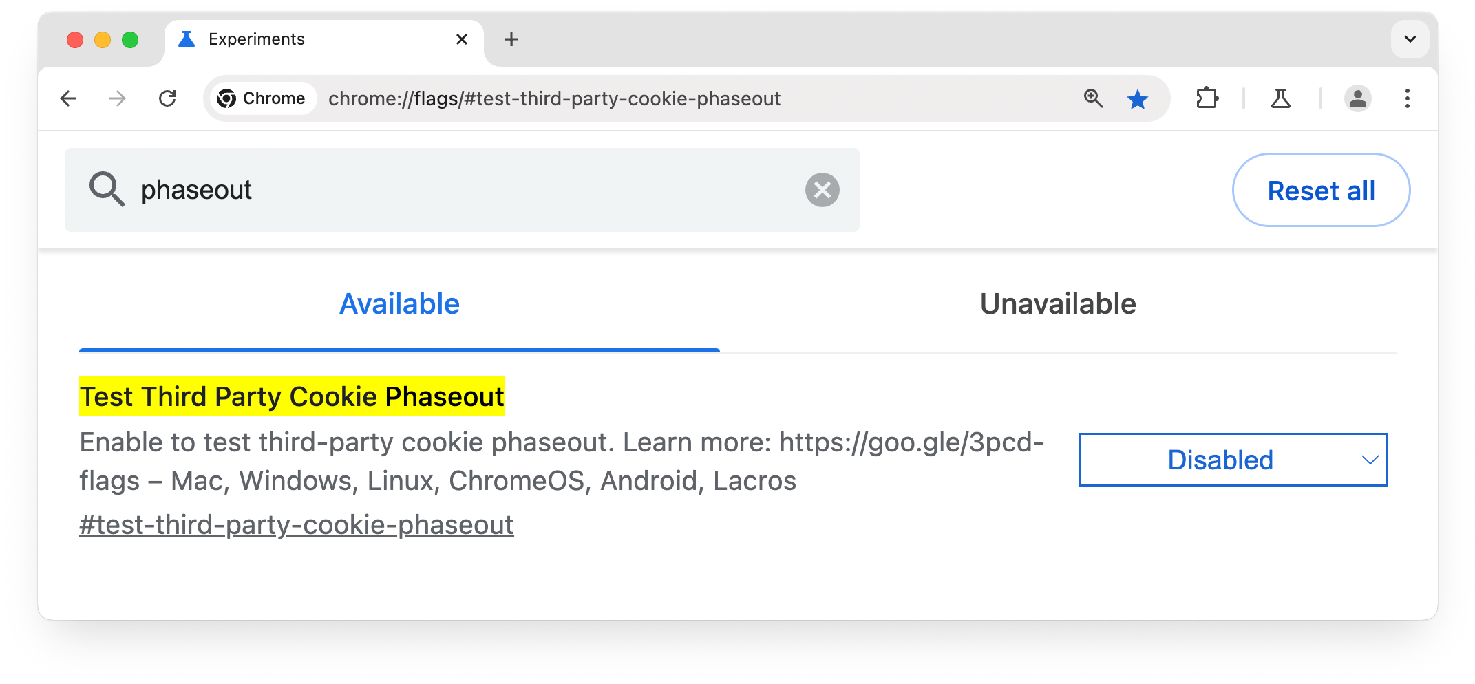 Página de sinalizações do Chrome com a descontinuação gradual de cookies de terceiros ativada.