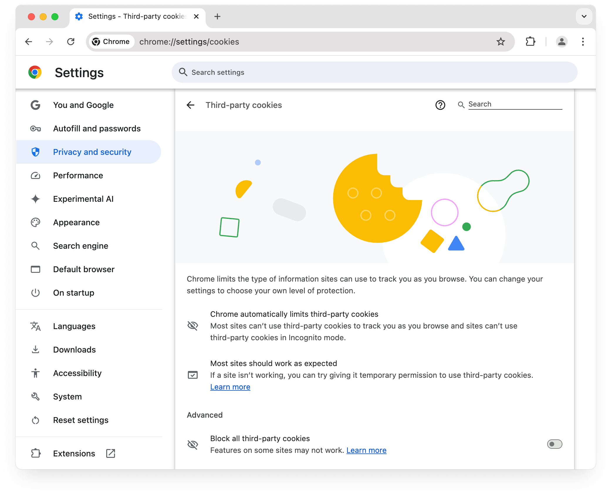 Page chrome://settings/cookies d&#39;un navigateur appartenant au groupe de test de 1% pour lequel les cookies sont bloqués par défaut