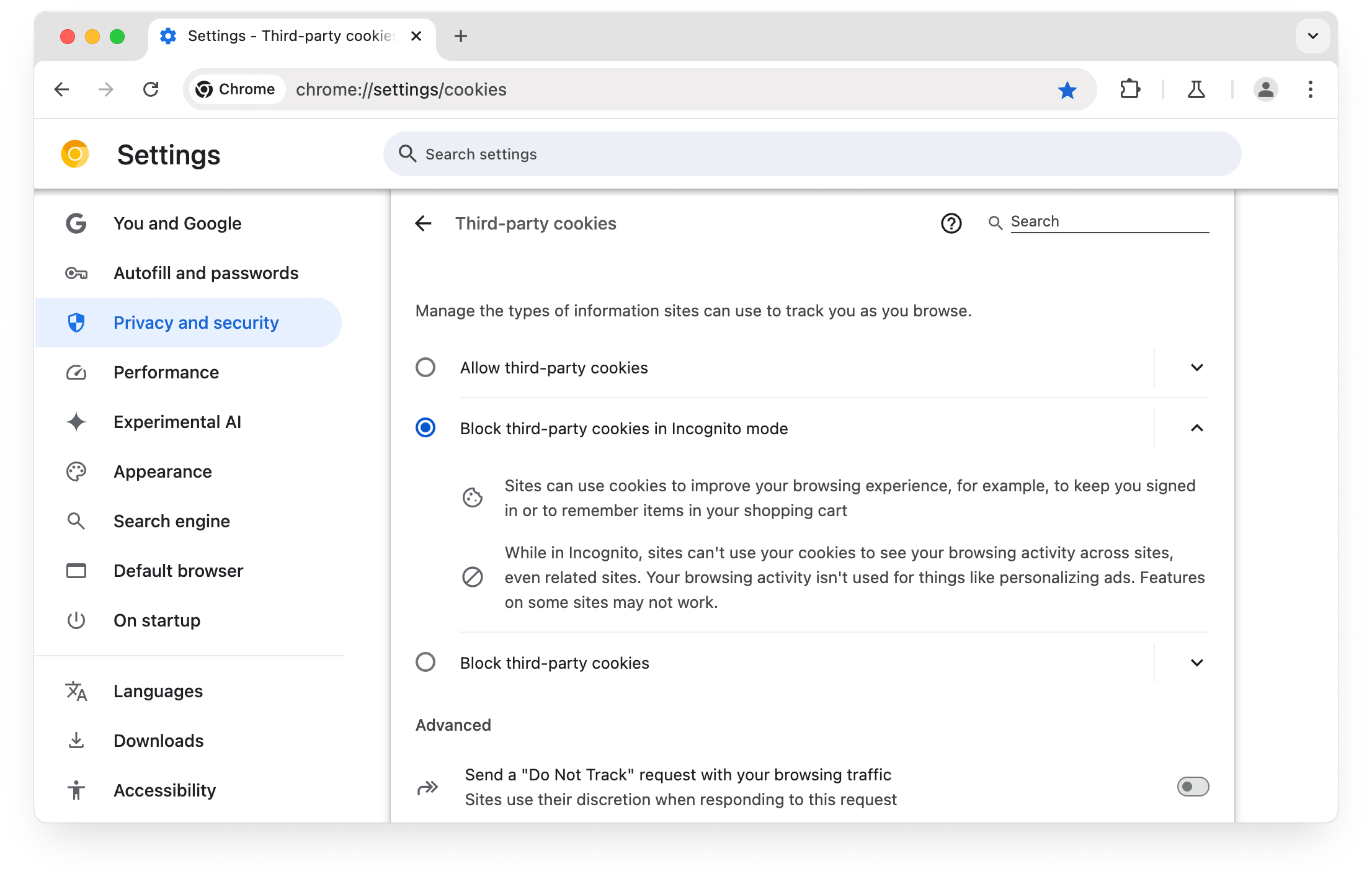 The Chrome cookies settings page