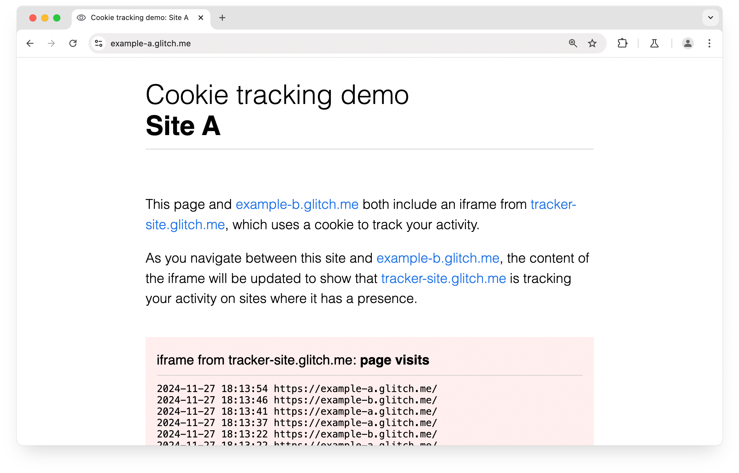 Cross-site cookie tracking demo: example-a.glitch.me