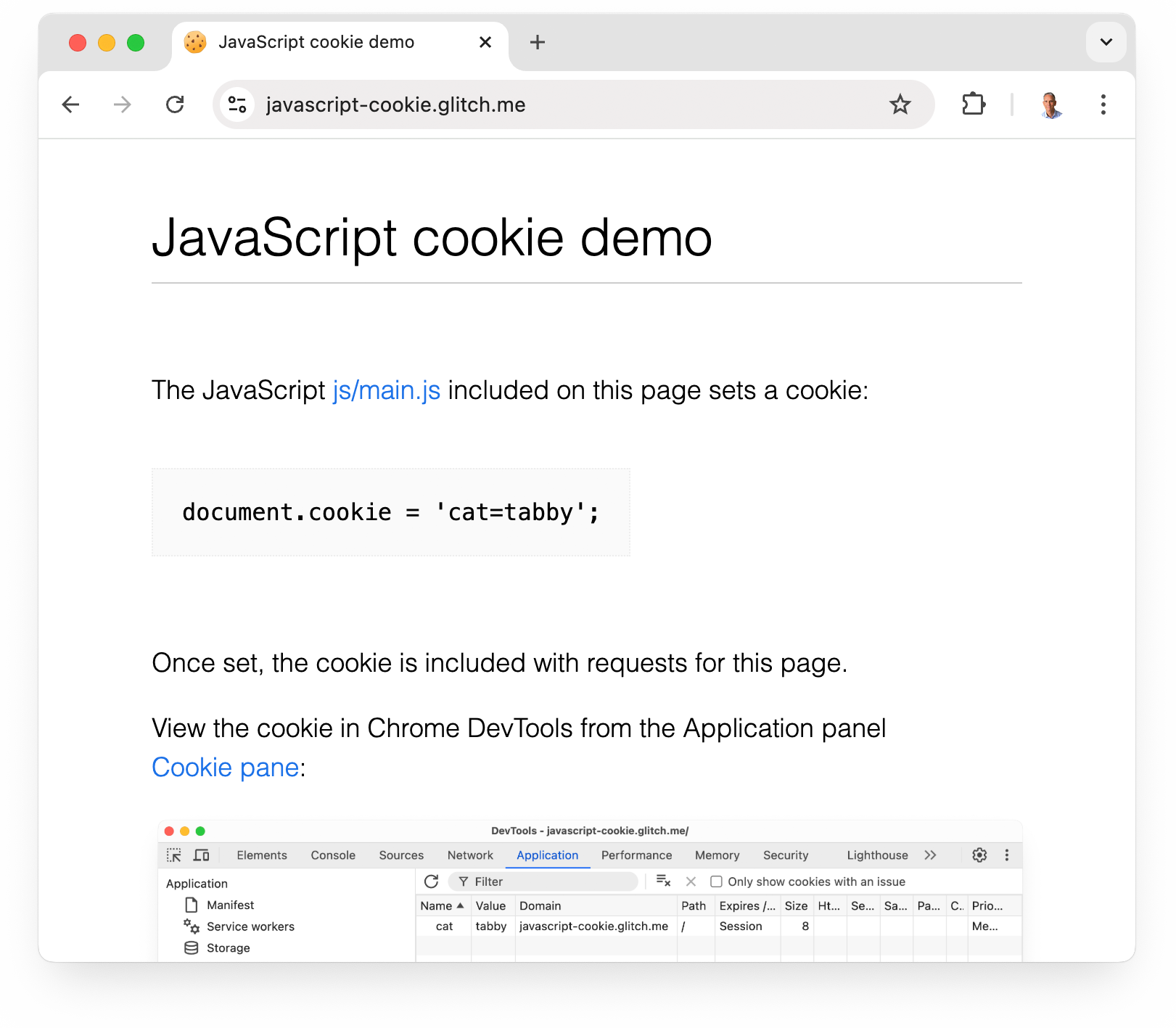 الموقع الإلكتروني التجريبي لملفات تعريف الارتباط في JavaScript‏ javascript-cookie.glitch.me