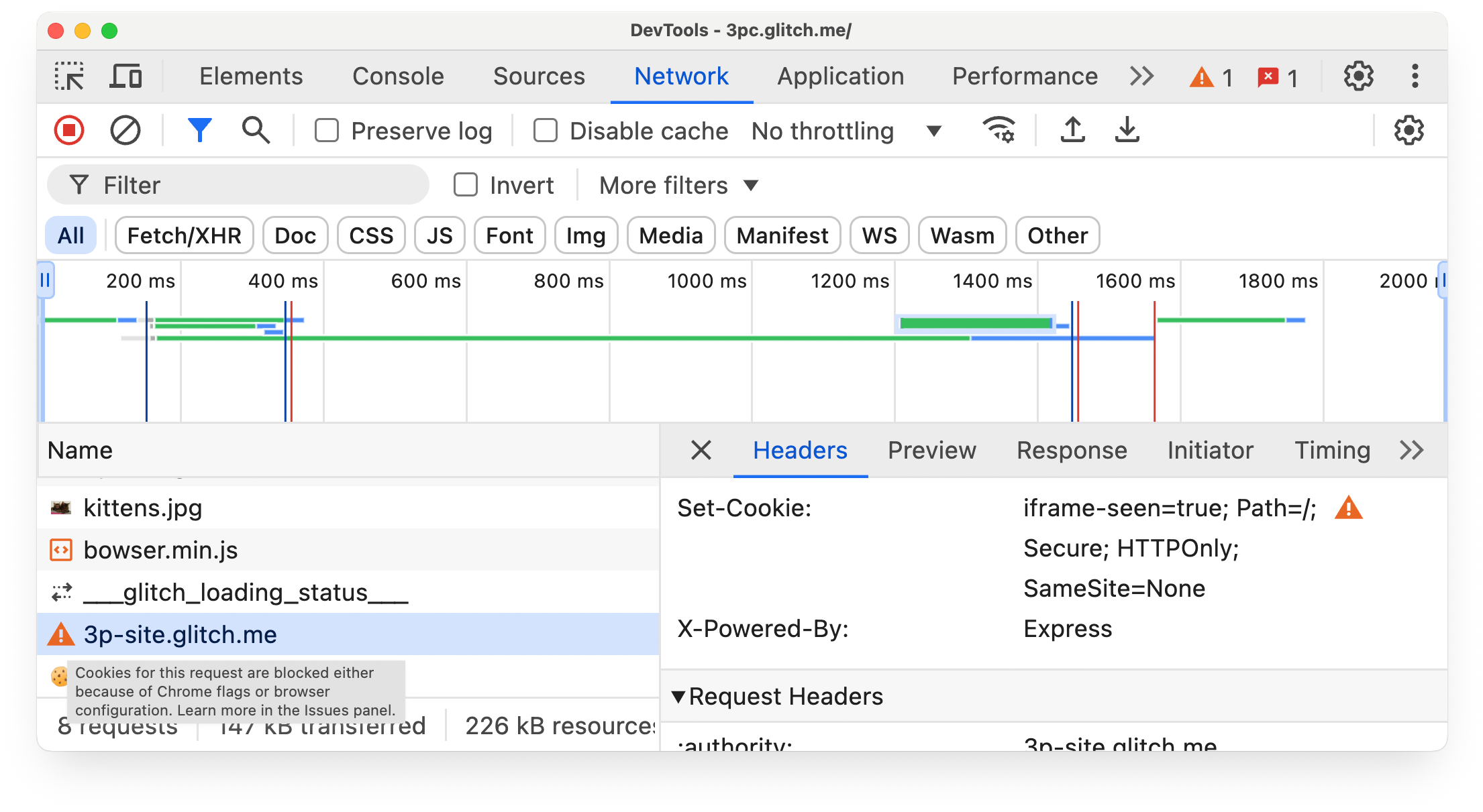 Panel Jaringan Chrome DevTools yang menampilkan alasan pemblokiran cookie lintas situs