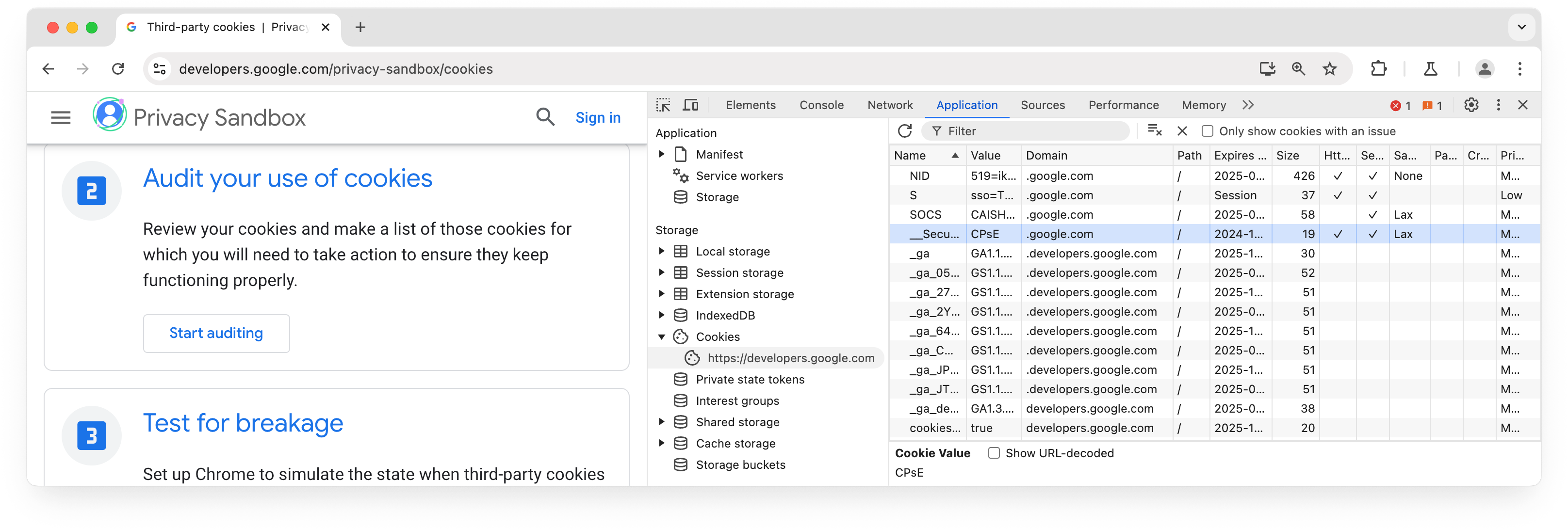 Der Bereich „Cookies“ im Bereich „Anwendung“ der Chrome-Entwicklertools mit Informationen zur Website web.dev