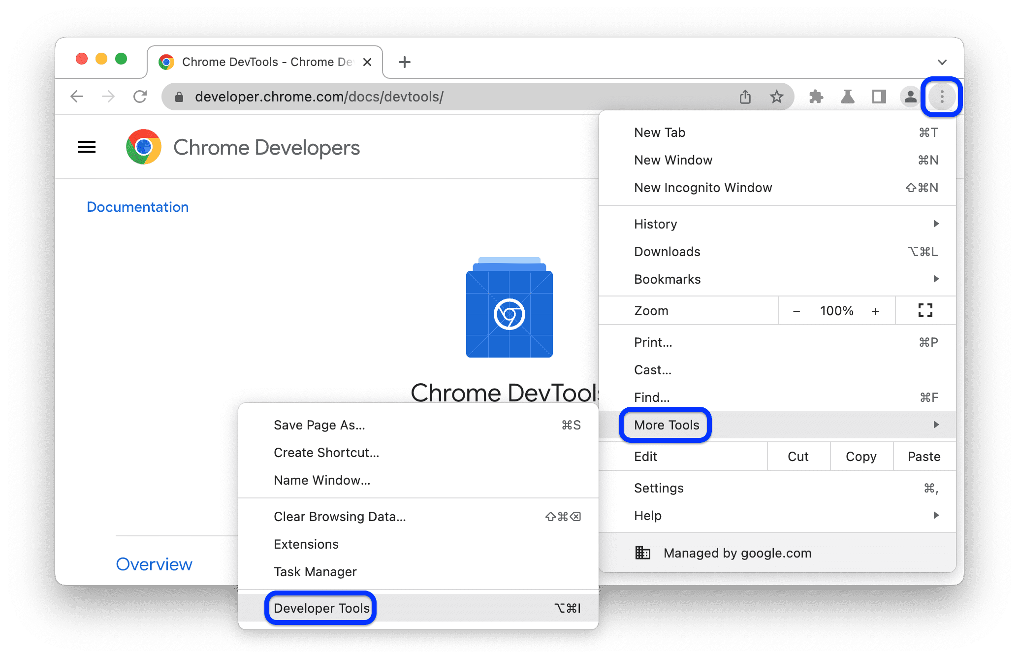 Chrome DevTools খুলুন: ⋮ বোতামে ক্লিক করুন ঠিকানা বারের ডানদিকে এবং আরও সরঞ্জাম > বিকাশকারী সরঞ্জাম নির্বাচন করুন