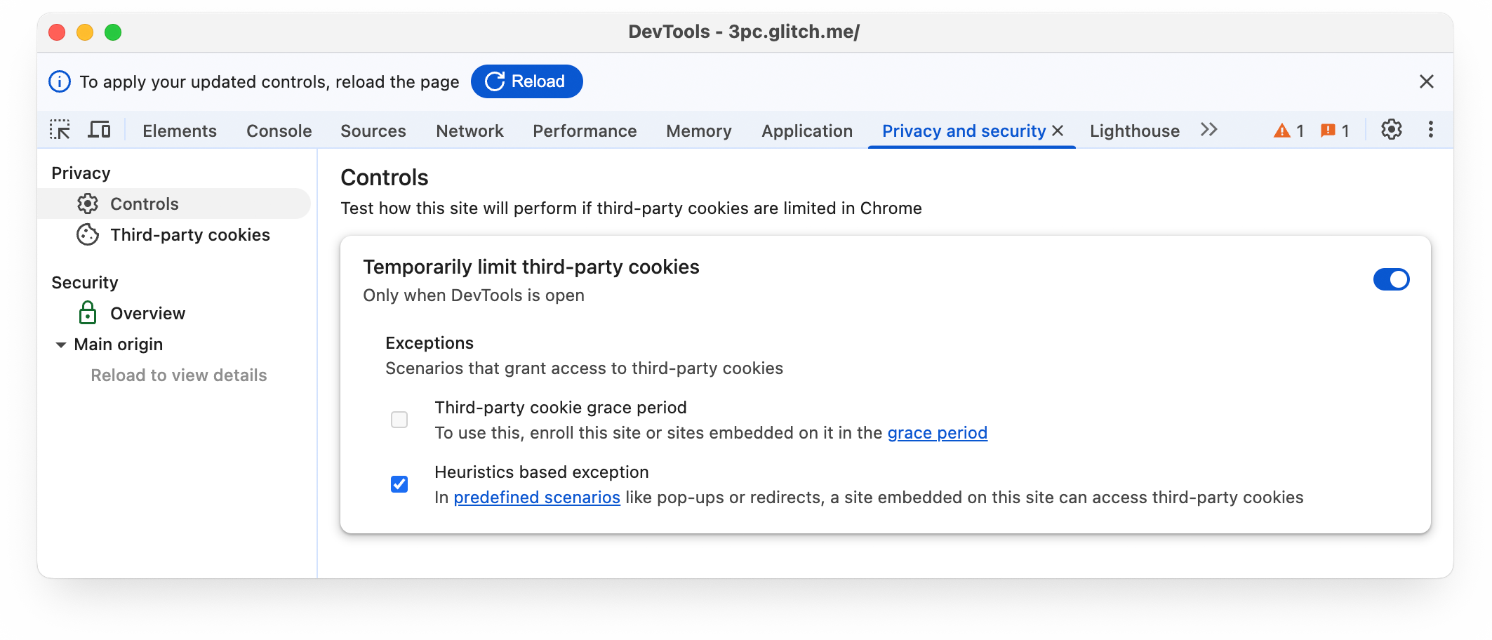 แผงความเป็นส่วนตัวและความปลอดภัยของ Chrome DevTools ที่แสดงแท็บการควบคุมที่เลือกไว้