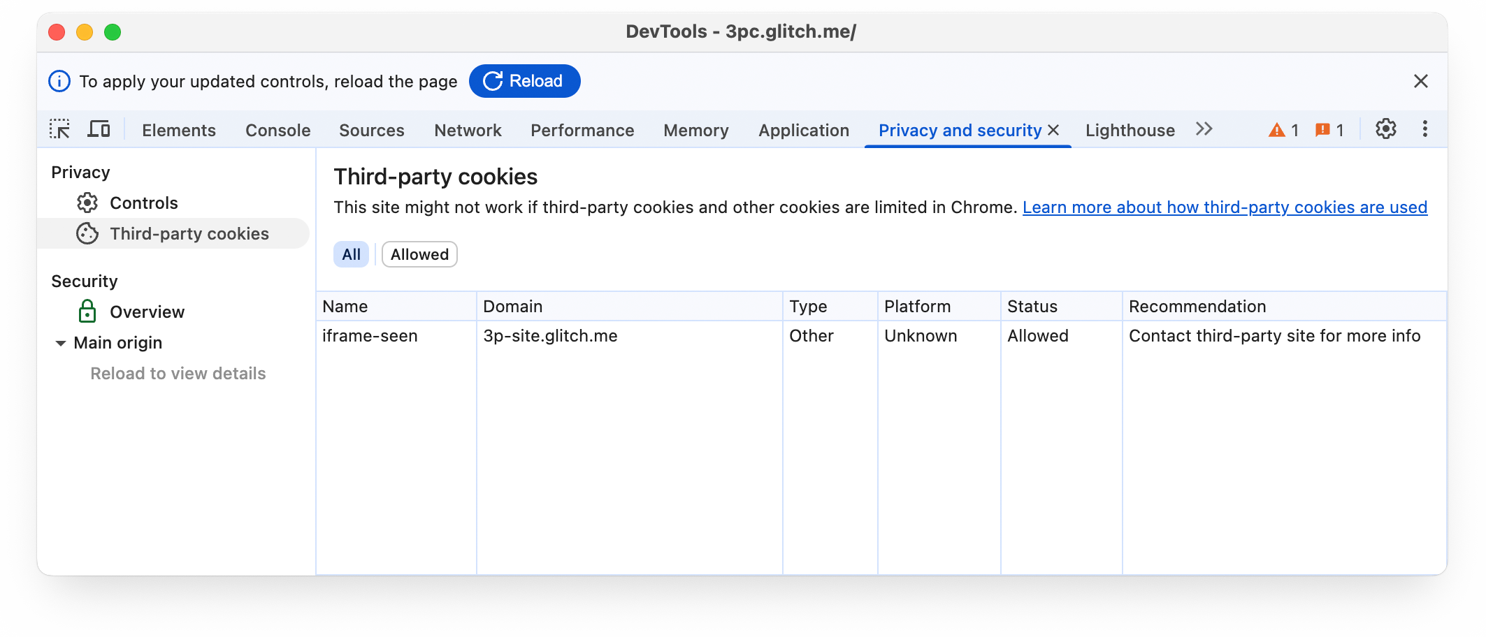 Chrome DevTools का निजता और सुरक्षा पैनल, जिसमें तीसरे पक्ष की कुकी टैब चुना गया है