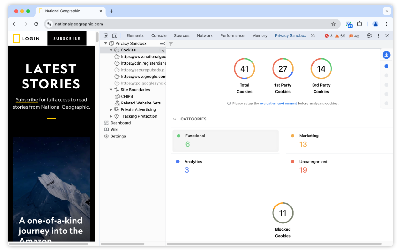 Privacy Sandbox Analysis Tool yang menampilkan informasi cookie.