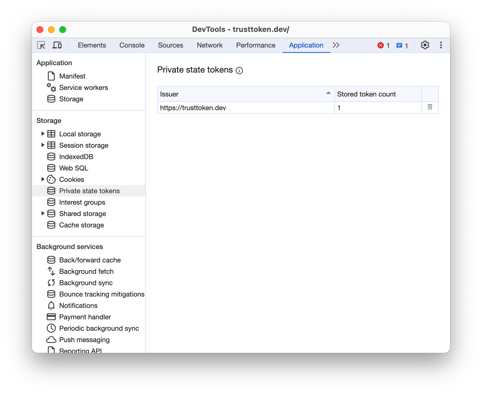 Ispezione di DevTools per la scheda Applicazione.