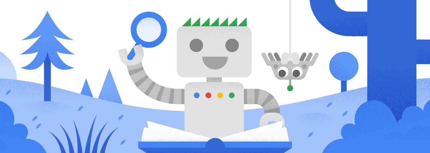 Робот Googlebot читает книгу вместе со своим новым другом – паучком