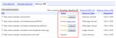 screenshot of removal requests and their status