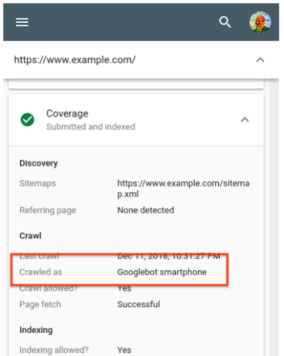 A view of the URL Inspection tool in Search Console, with the 'Crawled as' field highlighted