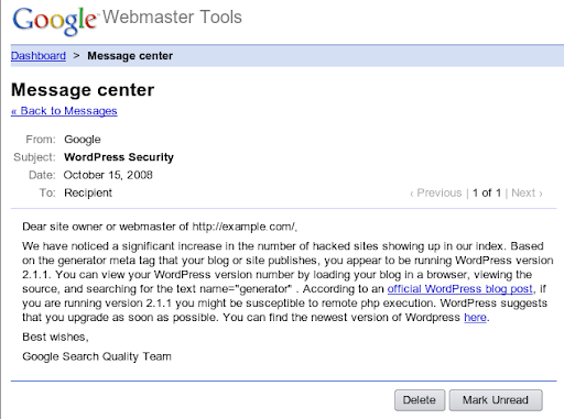 webmaster tools message center