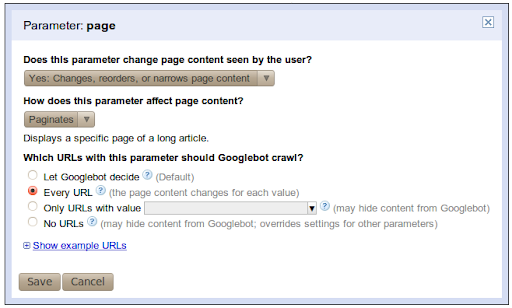 Parameter view for 'page' within the Webmaster Tools URL Parameter tool