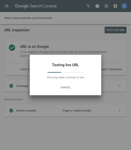 URL Inspection view while testing a URL in Search Console