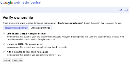 The new site verification tool in Webmaster Tools with alternative verification methods