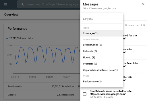 الفئات في رسائل Search Console