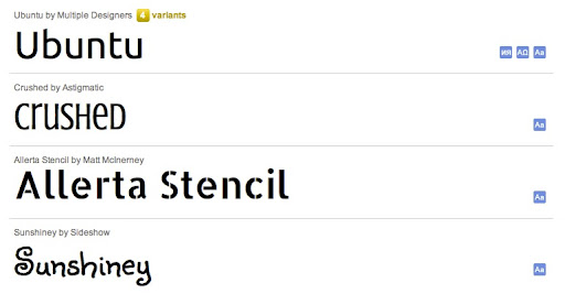 Some example web fonts, offered by the Google Web Fonts service