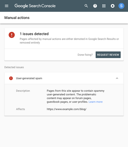 Manual Actions view in Search Console