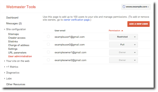 User management view in Webmaster Tools