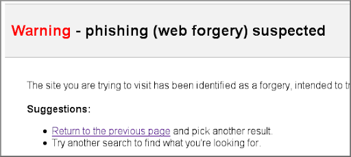 Señal de advertencia de sospecha de phishing (suplantación de identidad)