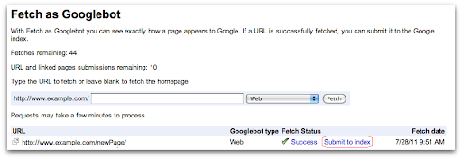 View of the fetch as googlebot feature in webmaster tools