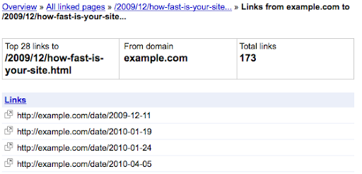 Which domains are linking the most to a particular page, shown in the Links to your site feature in Webmaster Tools