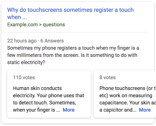 an example search result for a page titled 'Why do touchscreens
            sometimes register a touch when ...' with a preview of the top answers from the page.