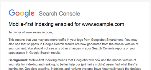 the message sent to site owners when mobile-first indexing is enabled for their sites