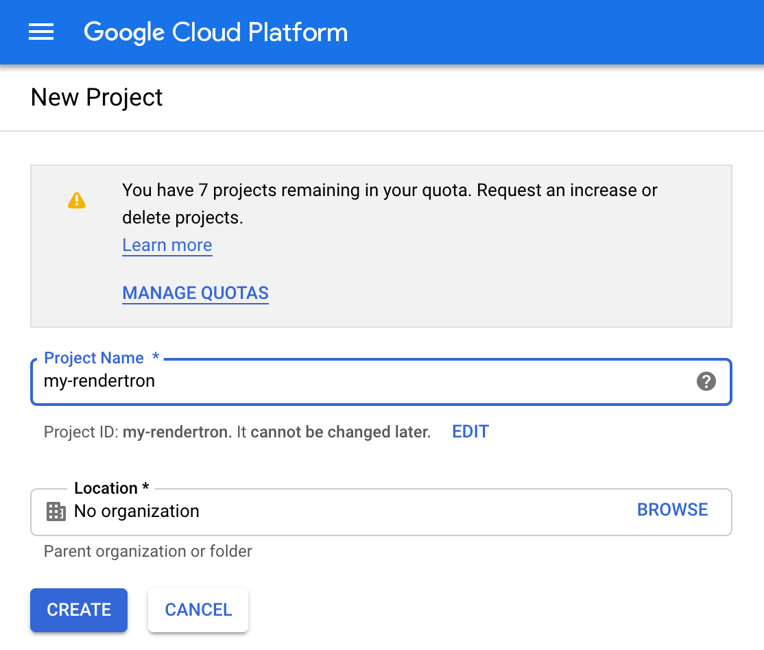 The form to create a new Google Cloud Platform project.