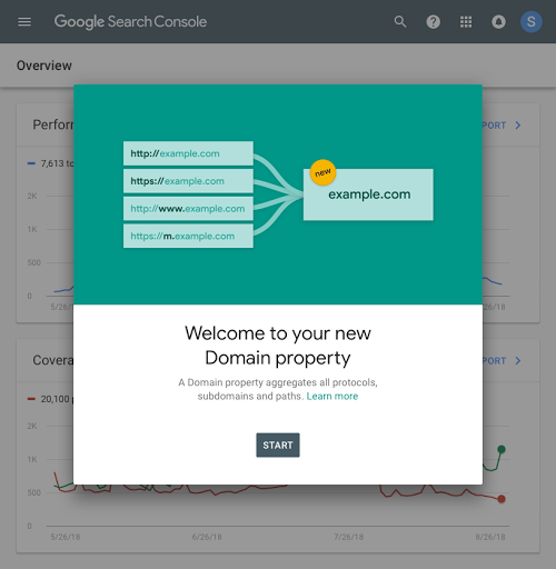 Visualizzazione del messaggio di benvenuto dell'impostazione della proprietà Dominio.