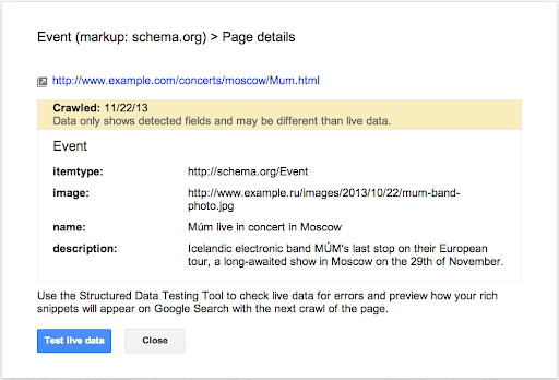 A detailed description of a Structured data error shown in Webmaster tools