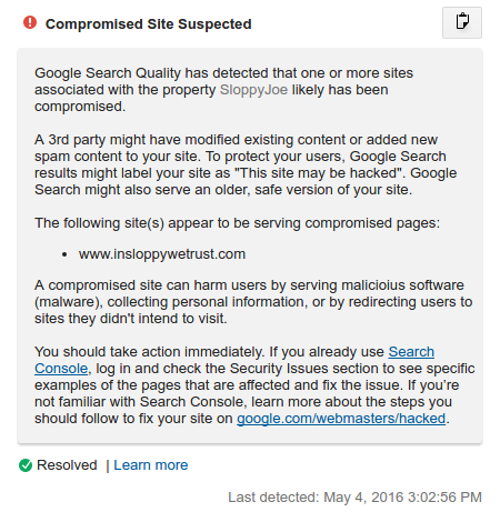 Пример оповещения в Google Аналитике о взломе сайта