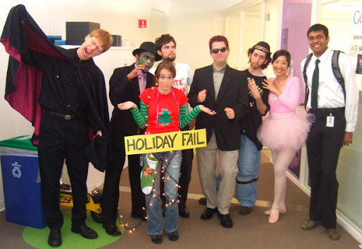 group photo of the webspam team in halloween costumes