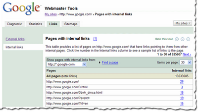 pages with internal links view in webmaster tools