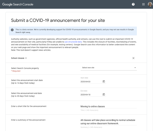 Submit a COVID-19 announcement in Search Console