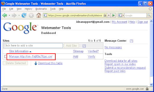 site verification IDNA support in webmaster tools