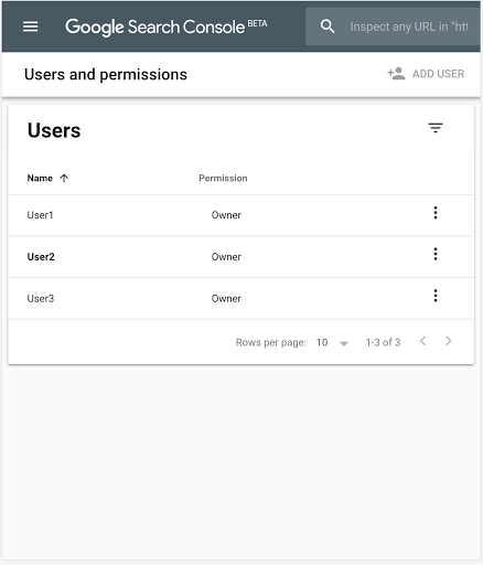 view of the user management dashboard in Search Console
