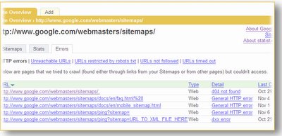 error reports feature in webmaster tools