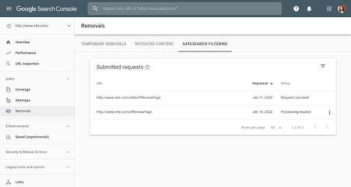 SafeSearch filtering in Search Console