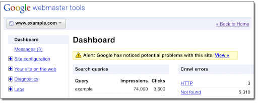 a dashboard alert in webmaster tools