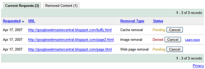 View the status of removal requests in Webmaster Tools
