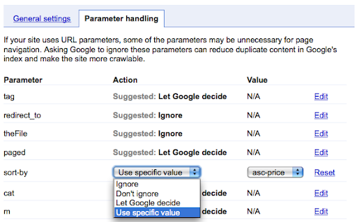 the parameter handling tool feature in webmaster tools