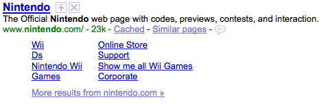 search result of the official nintendo site