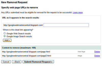 Filing a removals request for a specific URL in Webmaster Tools