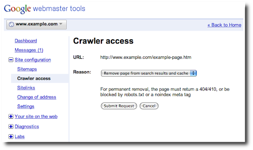 The Crawler Access feature in Webmaster Tools prompting for a reason to remove a URL