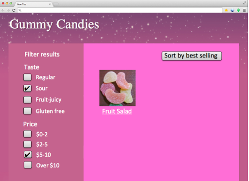category page for gummy candies in the price range $5-10
